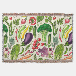Vegetable and herbs garden harvest on off white throw blanket