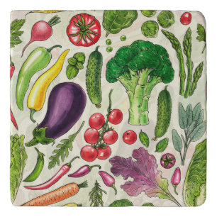Vegetable and herbs garden harvest on off white trivet