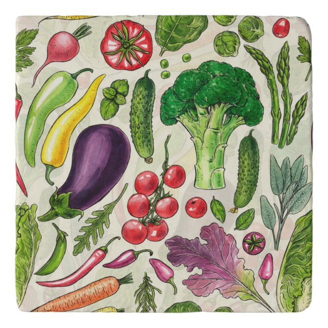 Vegetable and herbs garden harvest on off white trivet (Front)
