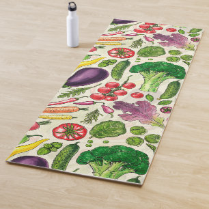 Vegetable and herbs garden harvest on off white yoga mat