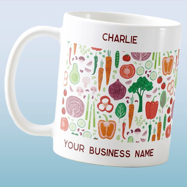 Vegetable Art Small Business Promotional Coffee Mug (Small business custom text mug featuring vegetables for gardener, chef, restaurant, grocer and more)