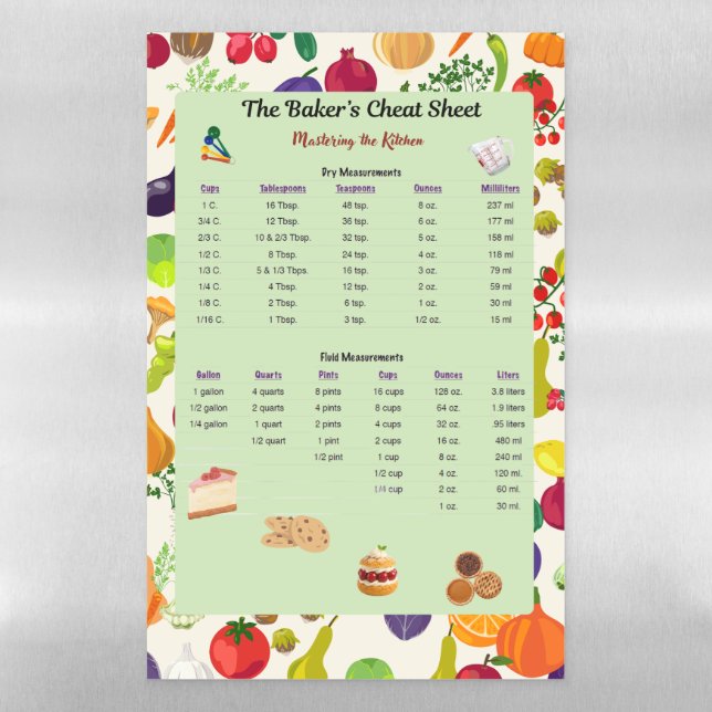Vegetable Baking Measurement Conversion Chart Magnetic Dry Erase Sheet (Vertical)