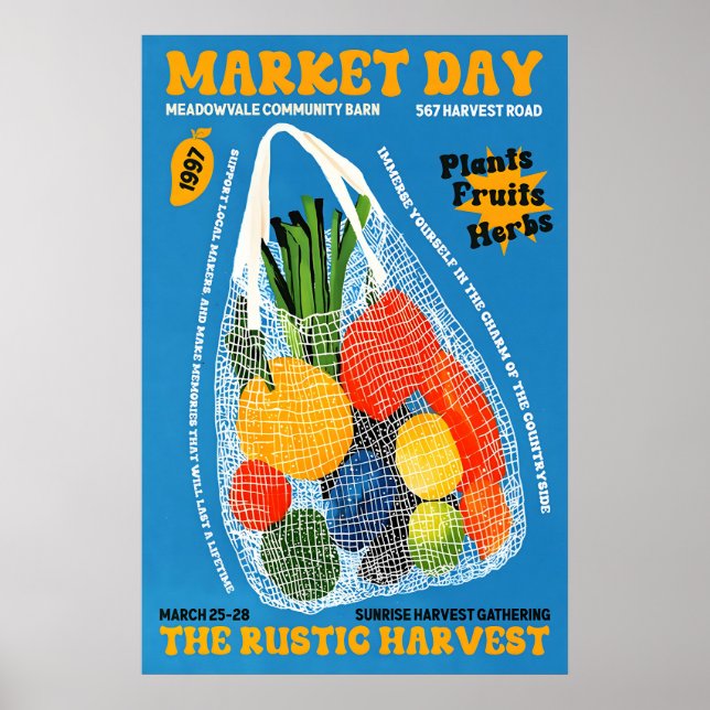Vegetable Market Bag Art Print Rustic Farmers (Front)