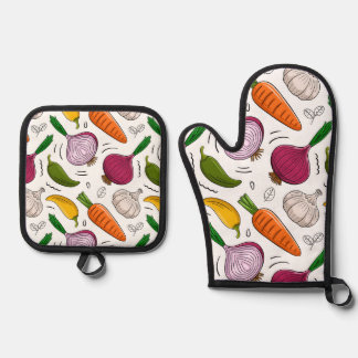 Vegetable Pattern Kitchen Apron Oven Mitt & Pot Holder Set