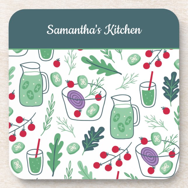 Vegetable Salad Pattern with Name Green Kitchen Beverage Coaster (Front)