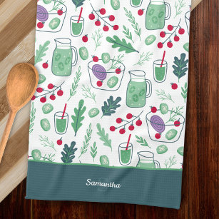 Vegetable Salad Pattern with Name Green Kitchen Towel