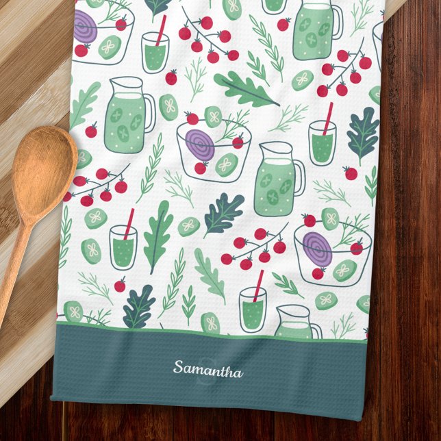 Vegetable Salad Pattern with Name Green Kitchen Towel (Creator Uploaded)