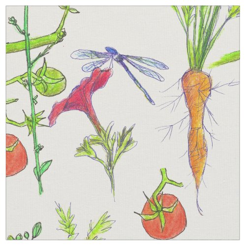 Vegetables Carrots Tomatoes Garden Dragonfly Fabric