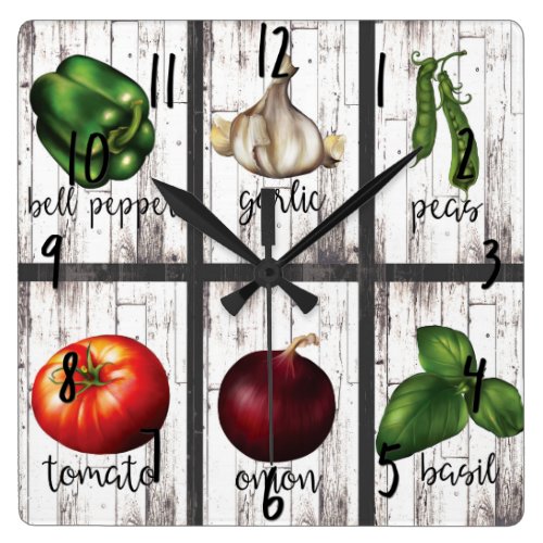 Vegetables &amp; Herbs Rustic Modern Kitchen Food Art Square Wall Clock