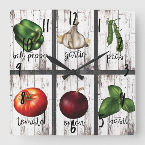 Vegetables  Herbs Rustic Modern Kitchen Food Art Square Wall Clock