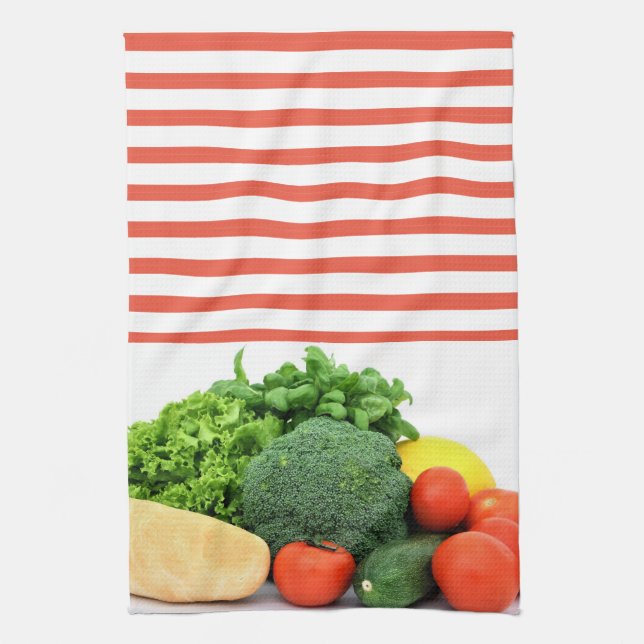 Vegetables on Red and White Striped Background Kitchen Towel (Vertical)