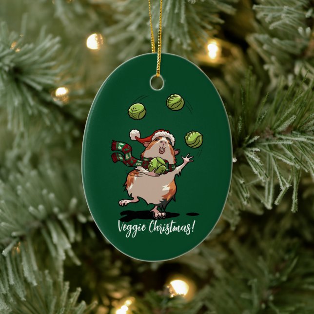 Veggie Christmas! Guinea Pig Juggling Sprouts Ceramic Ornament (Tree)