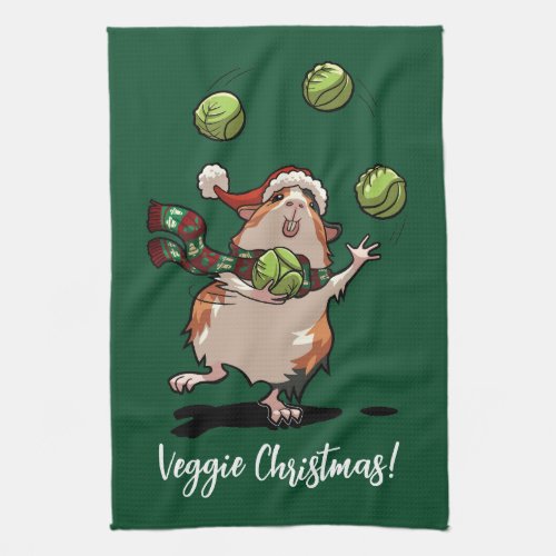 Veggie Christmas Guinea Pig Juggling Sprouts Kitchen Towel