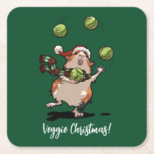Veggie Christmas! Guinea Pig Juggling Sprouts Square Paper Coaster