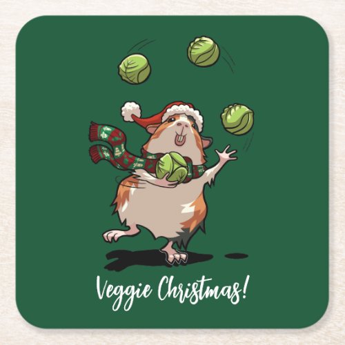 Veggie Christmas Guinea Pig Juggling Sprouts Square Paper Coaster