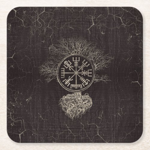 Vegvisir  and Tree of life  _Yggdrasil Square Paper Coaster