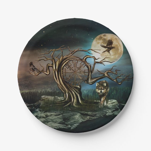 Vegvisir Tree Moon landscape Paper Plates (Front)