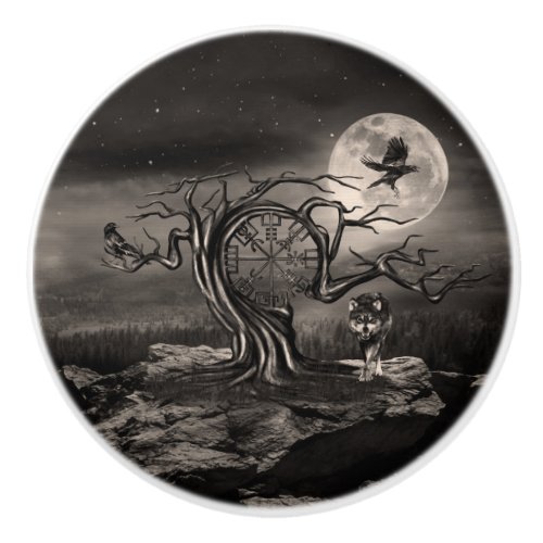 Vegvisir Tree Moon landscape _ sepia Ceramic Knob