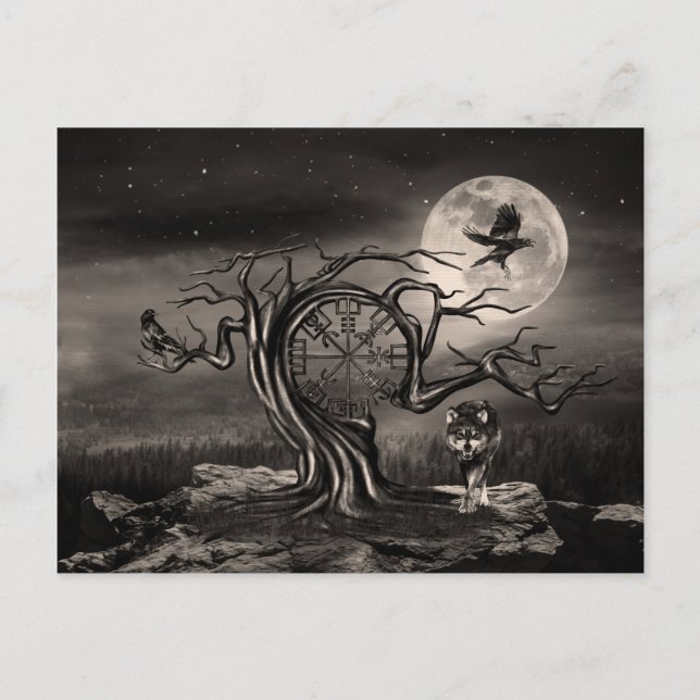 Vegvisir Tree Moon landscape - sepia Holiday Postcard (Front)