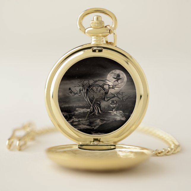 Vegvisir Tree Moon landscape - sepia Pocket Watch (Inside)