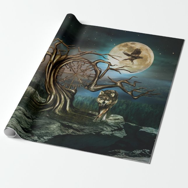 Vegvisir Tree Moon landscape Wrapping Paper (Unrolled)