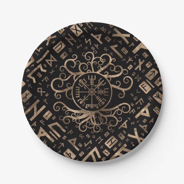 Vegvisir Tree of life Yggdrasil and Runes Paper Plates (Front)