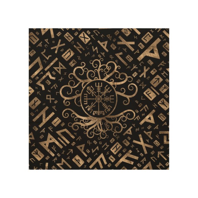 Vegvisir Tree of life Yggdrasil and Runes Wood Wall Art (Front)