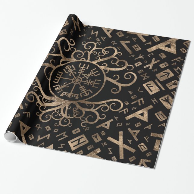 Vegvisir Tree of life Yggdrasil and Runes Wrapping Paper (Unrolled)