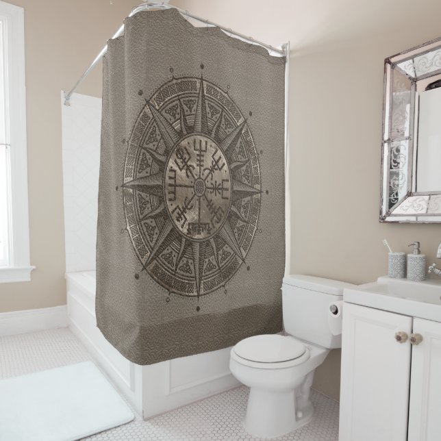 Vegvisir - Viking Compass - Beige Leather and gold Shower Curtain (In Situ)