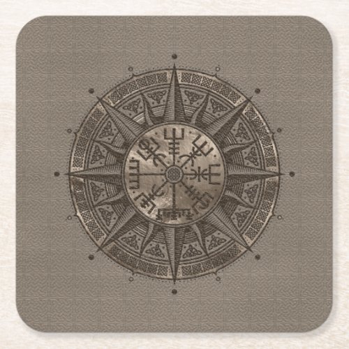 Vegvisir _ Viking Compass _ Beige Leather and gold Square Paper Coaster