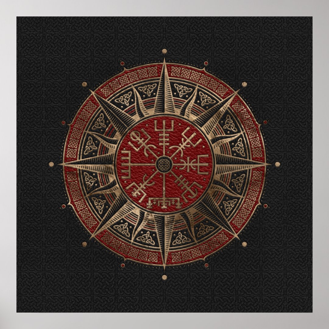 Vegvisir - Viking Compass - Black and red Leather Poster | Zazzle