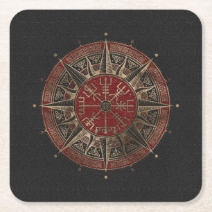 Vegvisir - Viking Compass - Black and red Leather Square Paper Coaster