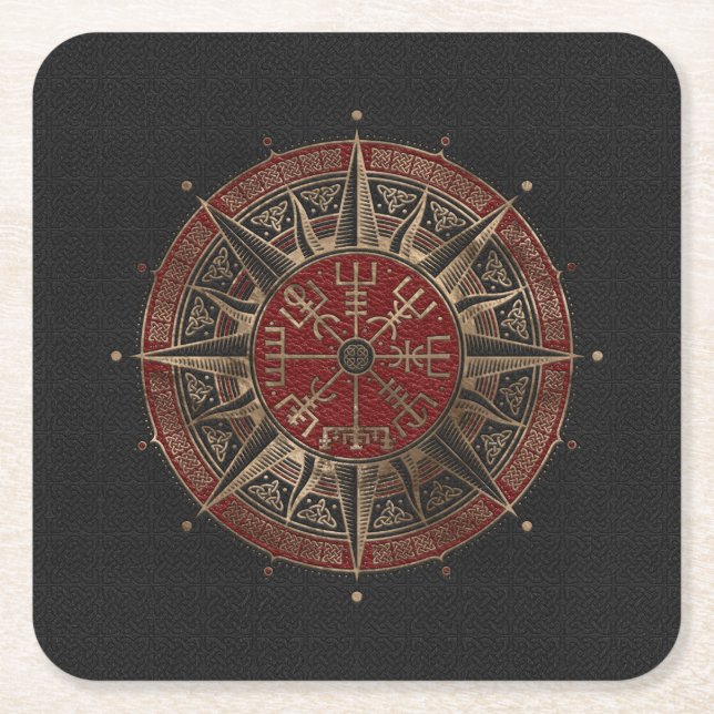Vegvisir - Viking Compass - Black and red Leather Square Paper Coaster (Front)