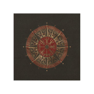 Vegvisir - Viking Compass - Black and red Leather Wood Wall Art