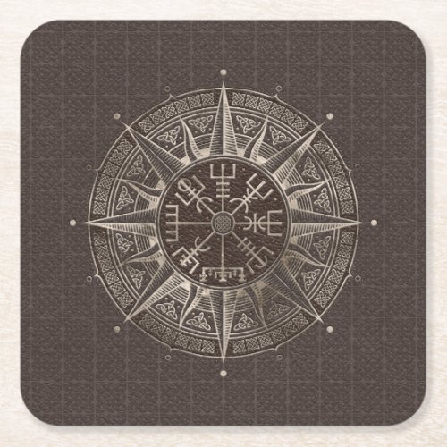 Vegvisir _ Viking Compass _ Brown Leather and gold Square Paper Coaster