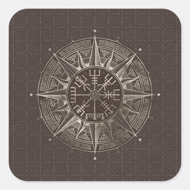 Vegvisir - Viking Compass - Brown Leather and gold Square Sticker (Front)