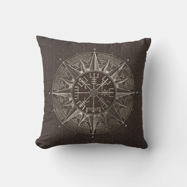 Vegvisir - Viking Compass - Brown Leather and gold Throw Pillow (Front)