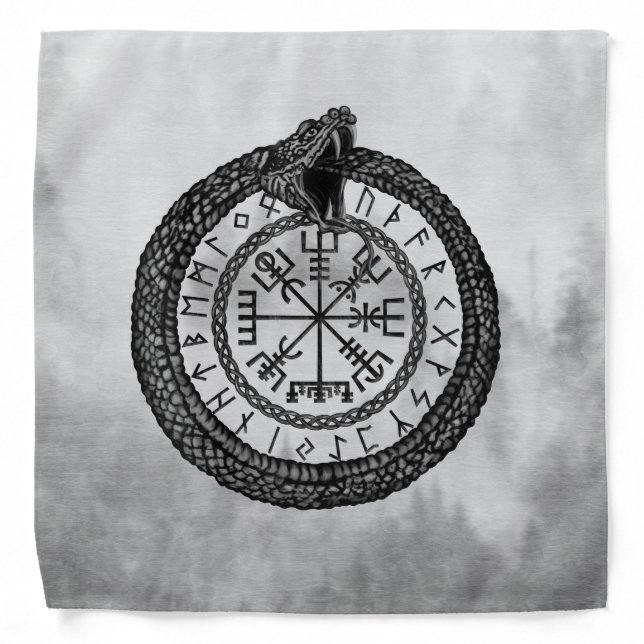 Vegvisir with Ouroboros and runes - grayscale Bandana (Front)