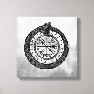Vegvisir with Ouroboros and runes - grayscale Canvas Print