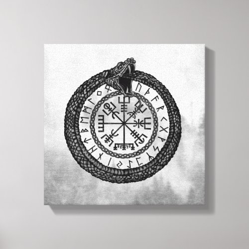 Vegvisir with Ouroboros and runes _ grayscale Canvas Print