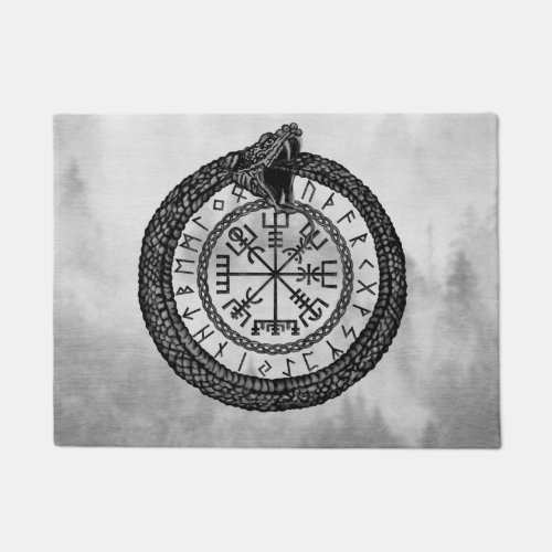 Vegvisir with Ouroboros and runes _ grayscale Doormat
