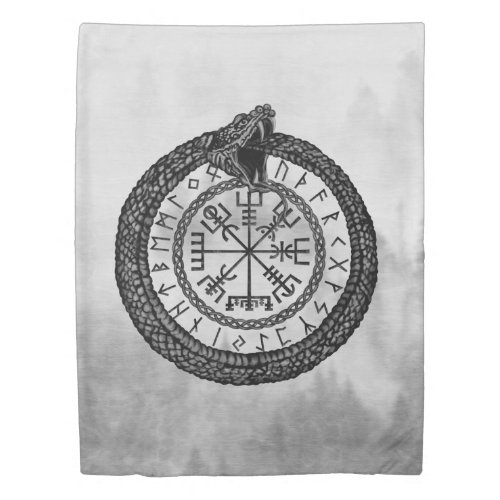 Vegvisir with Ouroboros and runes _ grayscale Duvet Cover