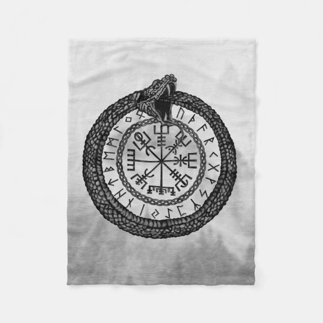 Vegvisir with Ouroboros and runes - grayscale Fleece Blanket (Front)