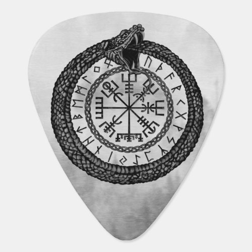 Vegvisir with Ouroboros and runes _ grayscale Guitar Pick