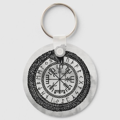 Vegvisir with Ouroboros and runes _ grayscale Keychain