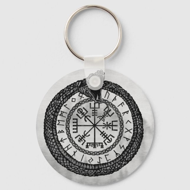 Vegvisir with Ouroboros and runes - grayscale Keychain (Front)