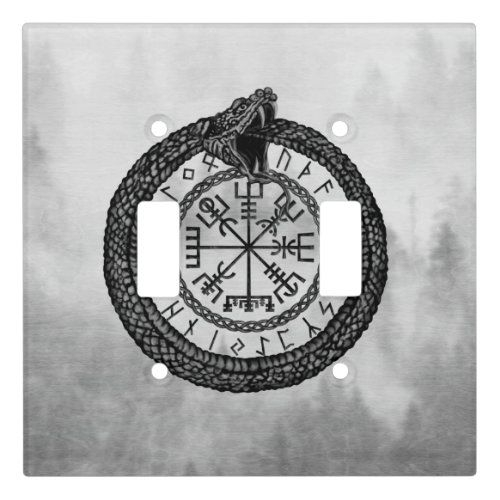 Vegvisir with Ouroboros and runes _ grayscale Light Switch Cover