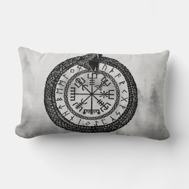 Vegvisir with Ouroboros and runes - grayscale Lumbar Pillow (Front)