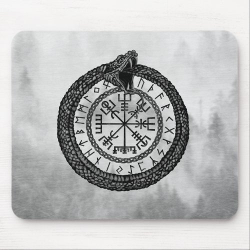 Vegvisir with Ouroboros and runes _ grayscale Mouse Pad
