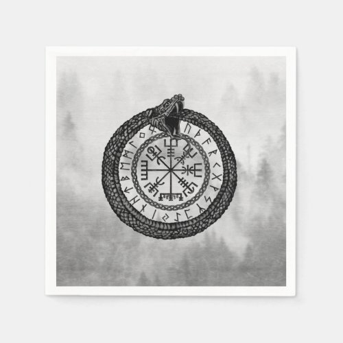 Vegvisir with Ouroboros and runes _ grayscale Napkins